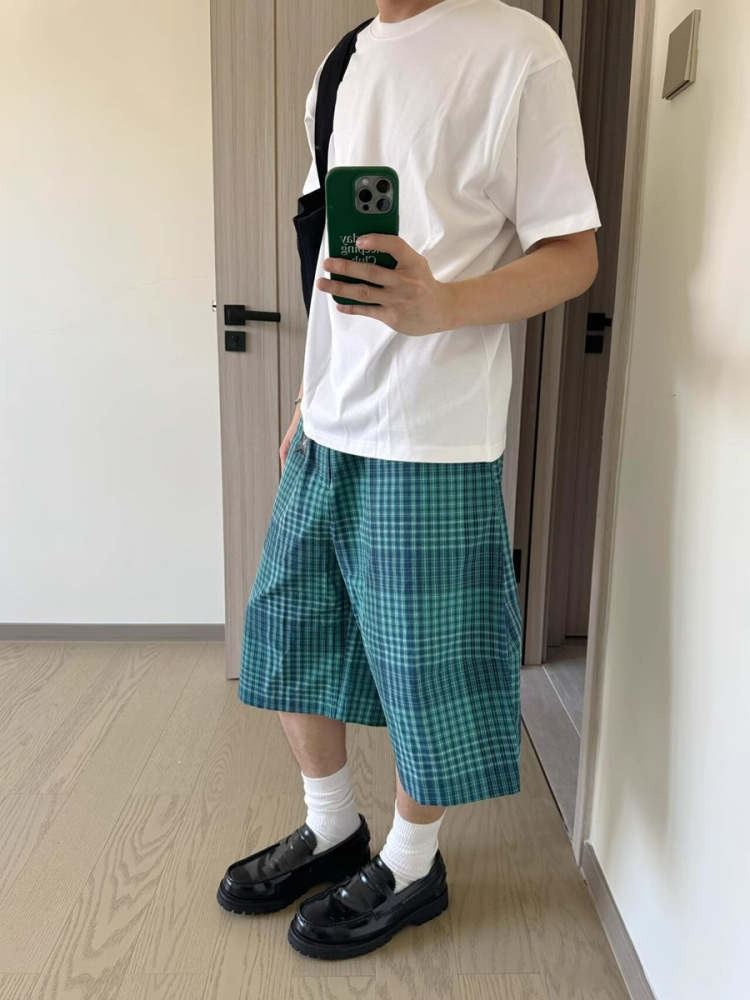 thumbnail for Japanese Retro Blue Plaid Loose Shorts for Men and Women, Summer High Street Casual Versatile Five-Point Mid-Length Pants ins Couple Style