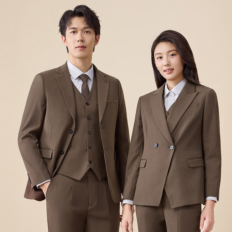 高端西装套装男女时尚气质咖啡色西服马甲三件套经理职业正装工装
