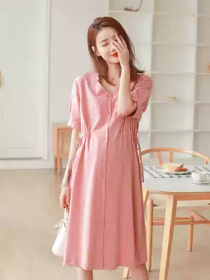 Pregnant women's dress fashion temperament V-neck loose medium and long version of solid color Modal net red summer breastfeeding maternity dress