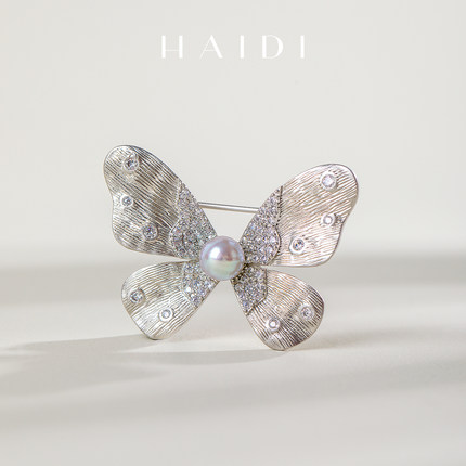 海蒂珠宝 蝶影 6-7mm海水akoya银灰色珍珠蝴蝶胸针时尚 送礼好物