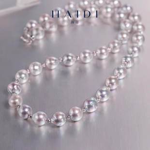 海蒂珠宝 9mm银灰色akoya巴洛克海水珍珠项链女18K金锁骨链 拂晓8