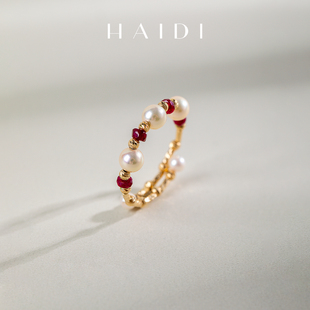海蒂珠宝 5mm正圆金粉色海水akoya珍珠红宝石戒指18K金 玫瑰之约2