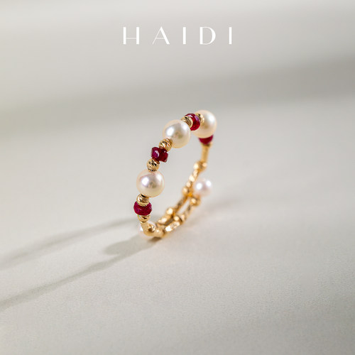 海蒂珠宝 玫瑰之约2-5mm正圆金粉色海水akoya珍珠红宝石戒指18K金