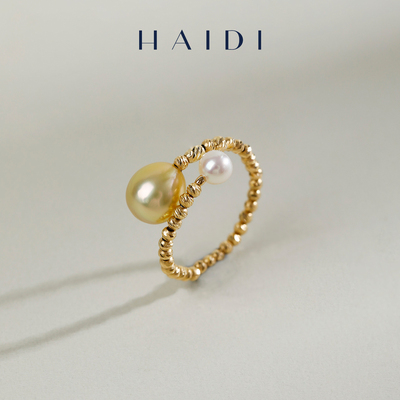 海蒂珠宝 知秋 4-5/7-8mm海水akoya南洋金珠双珠轻奢戒指18K金◇