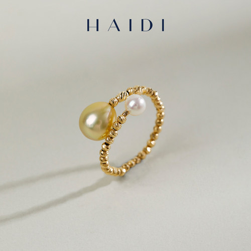 海蒂珠宝 知秋 4-5/7-8mm海水akoya南洋金珠双珠轻奢戒指18K金◇