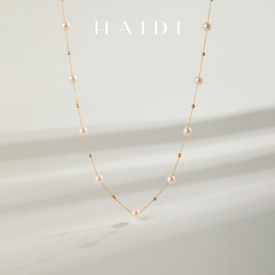 海蒂珠宝 月揽星 4-4.5mm金粉色海水akoya珍珠满天星项链 18K金女