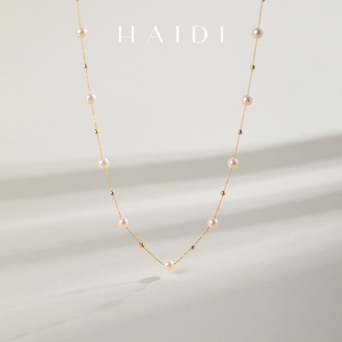 海蒂珠宝 月揽星 4-4.5mm金粉色海水akoya珍珠满天星项链 18K金女