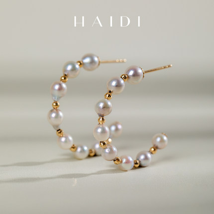 海蒂珠宝 辉夜 鎏金灰Akoya海水珍珠耳环女18K金耳饰耳坠礼物定制