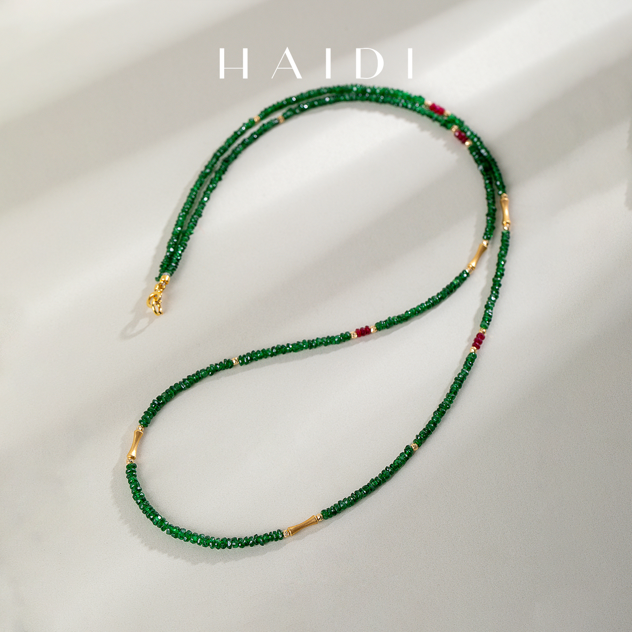 海蒂珠宝 花颜悦色 2-3mm沙弗莱红宝石设计款项链毛衣链18K金正品