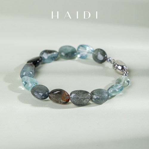 海蒂珠宝【东方奇韵】约7-9mm大颗粒海蓝宝蛋面手链手串 S925银◇