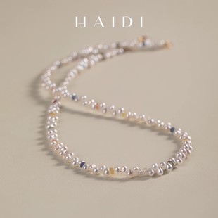海蒂珠宝 18K金 灵宝 3mm淡水珍珠彩色蓝宝石锁骨链 精灵系列