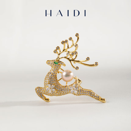 海蒂珠宝  麋鹿 7-8mm淡水珍珠胸针 时尚送礼宝藏好物
