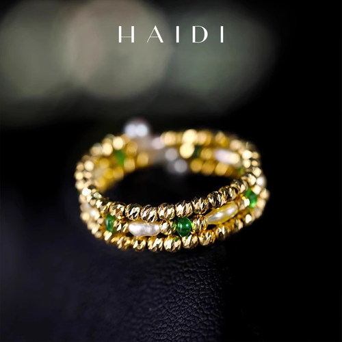 海蒂珠宝 青栀 2-3mm海水Akoyakeshi珍珠戒指18k石榴石多层设计款