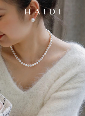 海蒂珠宝 星语 6.3-7.3mm近圆强亮光淡水珍珠项链女锁骨链送女友
