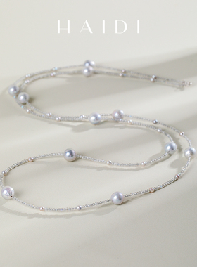 海蒂珠宝  碧海银纱 3-9mm海水银灰色akoya珍珠拉长石项链 18K金