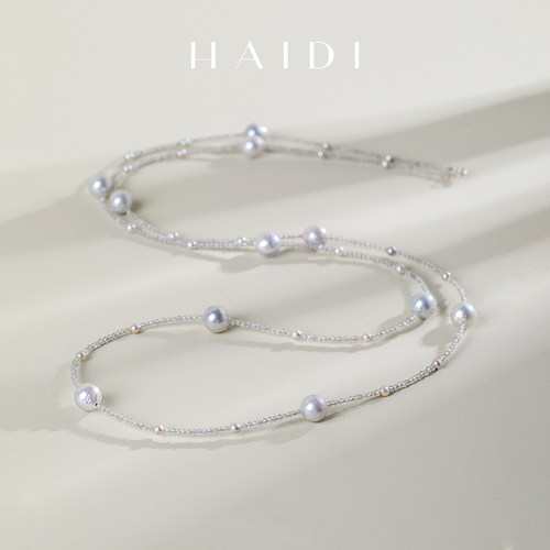 海蒂珠宝  碧海银纱 3-9mm海水银灰色akoya珍珠拉长石项链 18K金