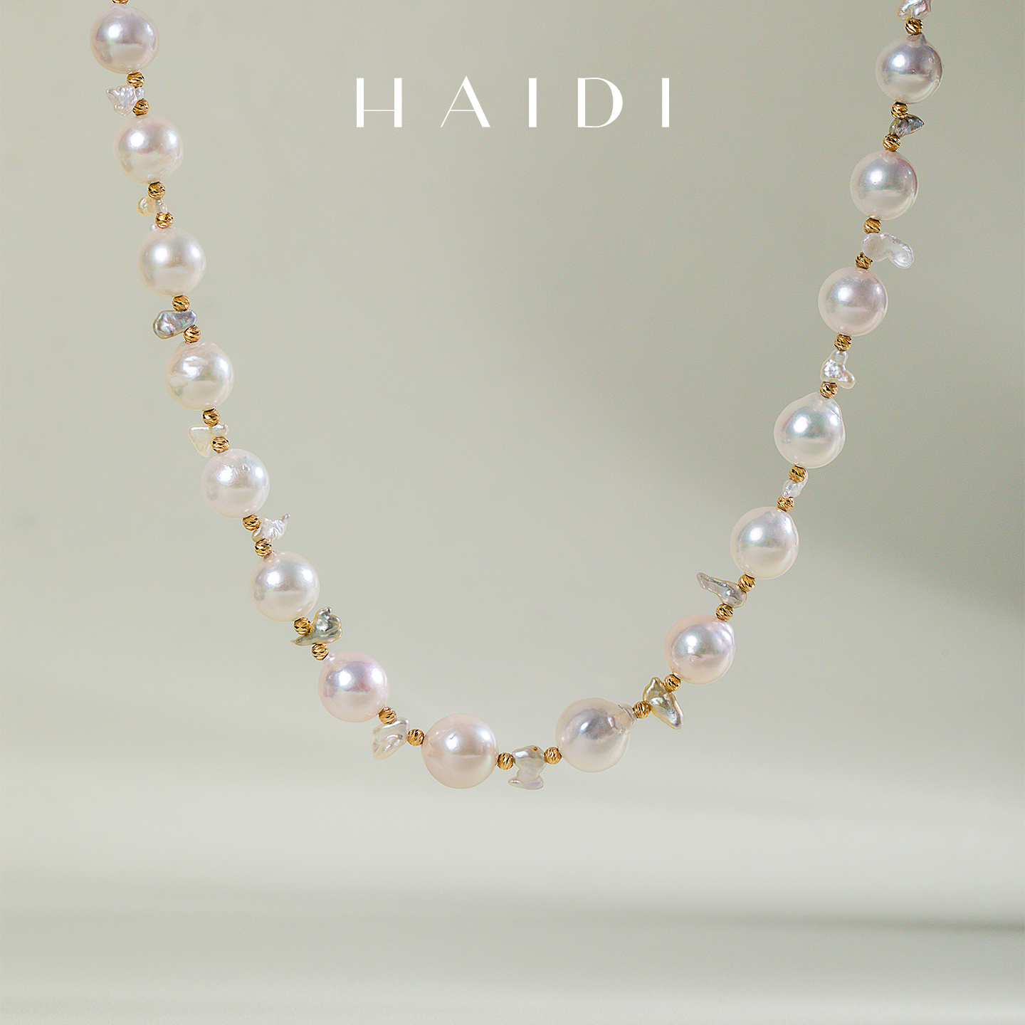 海蒂珠宝 花藤蝶影 2-8mm海水akoya澳白keshi珍珠项链 原创设计款