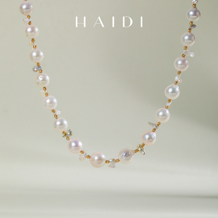 原创设计款 海蒂珠宝 8mm海水akoya澳白keshi珍珠项链 花藤蝶影
