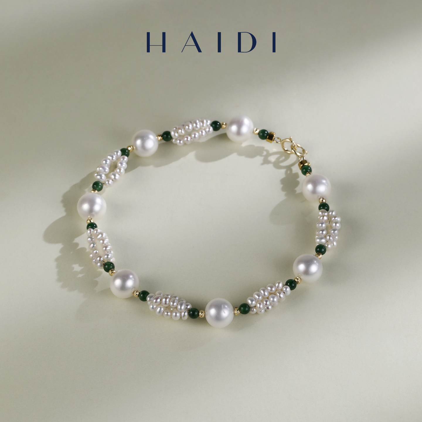 海蒂珠宝【双十二新品】伊莎贝拉2-8mm淡水珍珠翡翠编织手链18K金