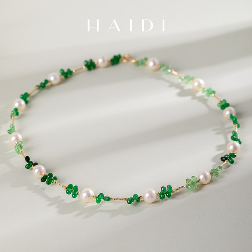 海蒂珠宝  薄荷曼波 2.5-8mm水滴沙弗莱海水akoya小灯泡珍珠项链