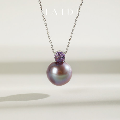 海蒂珠宝 烟霞 戴妃款11-12mm妖紫色淡水珍珠吊坠 S925银紫水晶