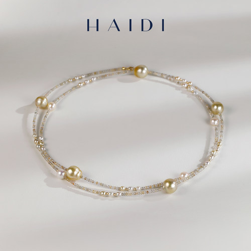 海蒂珠宝 锦簇流光 3-10mm海水akoya南洋金珠水晶项链毛衣链18K金