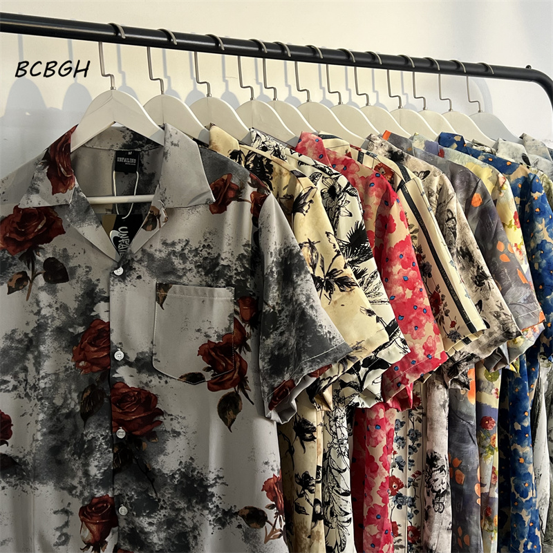 BCBGH复古vintage夏威夷花衬衫男女宽松港风油画短袖古巴领衬衣