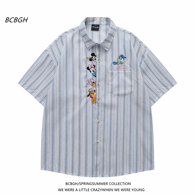 BCBGH美式复古潮牌彩色刺绣条纹短袖衬衫男女宽松学院风情侣衬衣