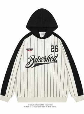 BCBGH复古棒球条纹连帽卫衣男女宽松美式情侣套头jerseyfit球服