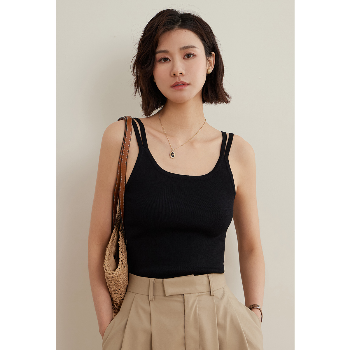 弥古黑色双肩带吊带冰丝针织背心女夏季外穿内搭打底抹胸短款上衣