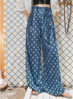 弥古夏季长裤雪纺阔腿裤女格子花裤子拖地裙裤薄款波西米亚沙滩裤