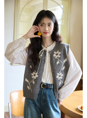 弥古灰色针织提花马甲女2025新款秋冬叠穿毛衣背心小个子毛线马夹