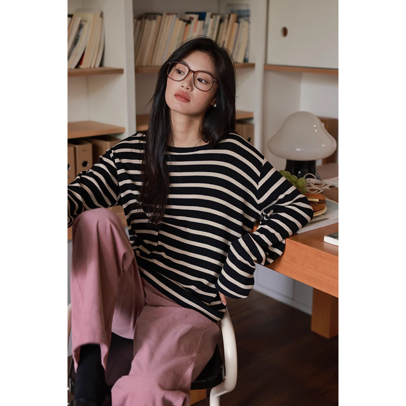 弥古法式复古条纹长袖t恤女春季薄款内搭打底衫宽松显瘦纯棉上衣