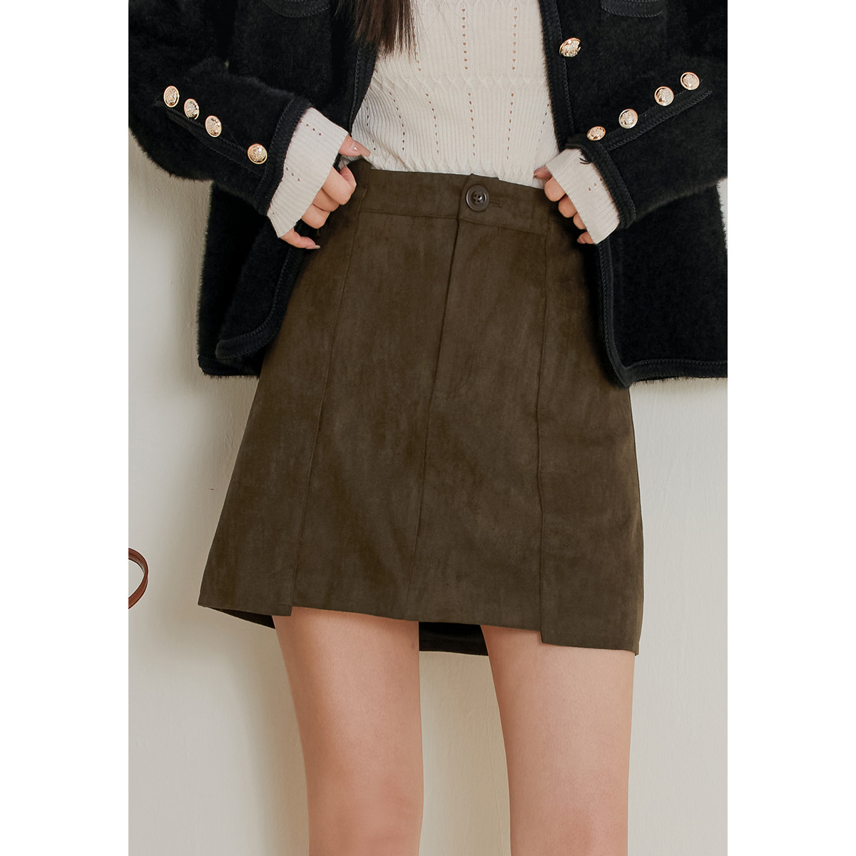 咖色鹿皮绒半身裙小个子a字半裙