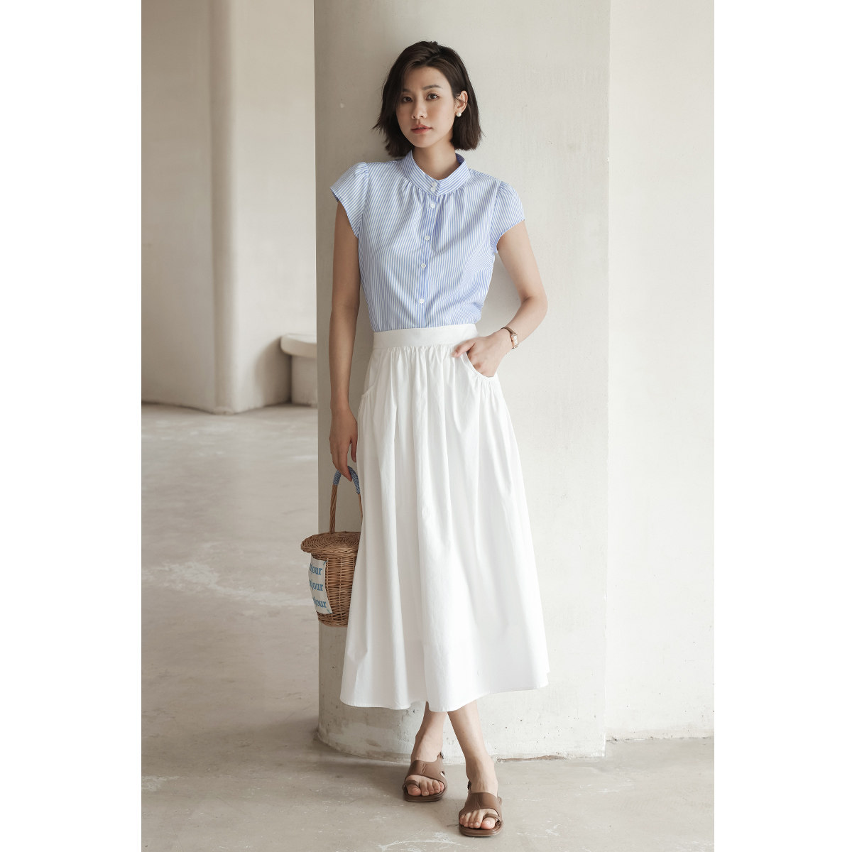 弥古白色伞裙半身裙女夏季薄款纯棉法式口袋a字半裙海边度假裙子