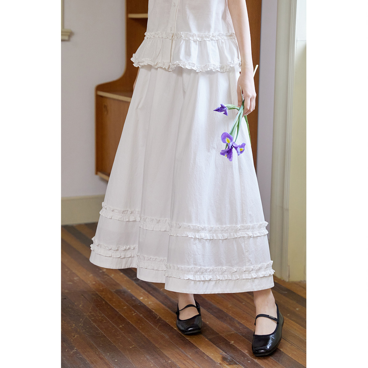 弥古2026春季新款白色半身裙女高级感双层荷叶边半裙A字纯棉裙子