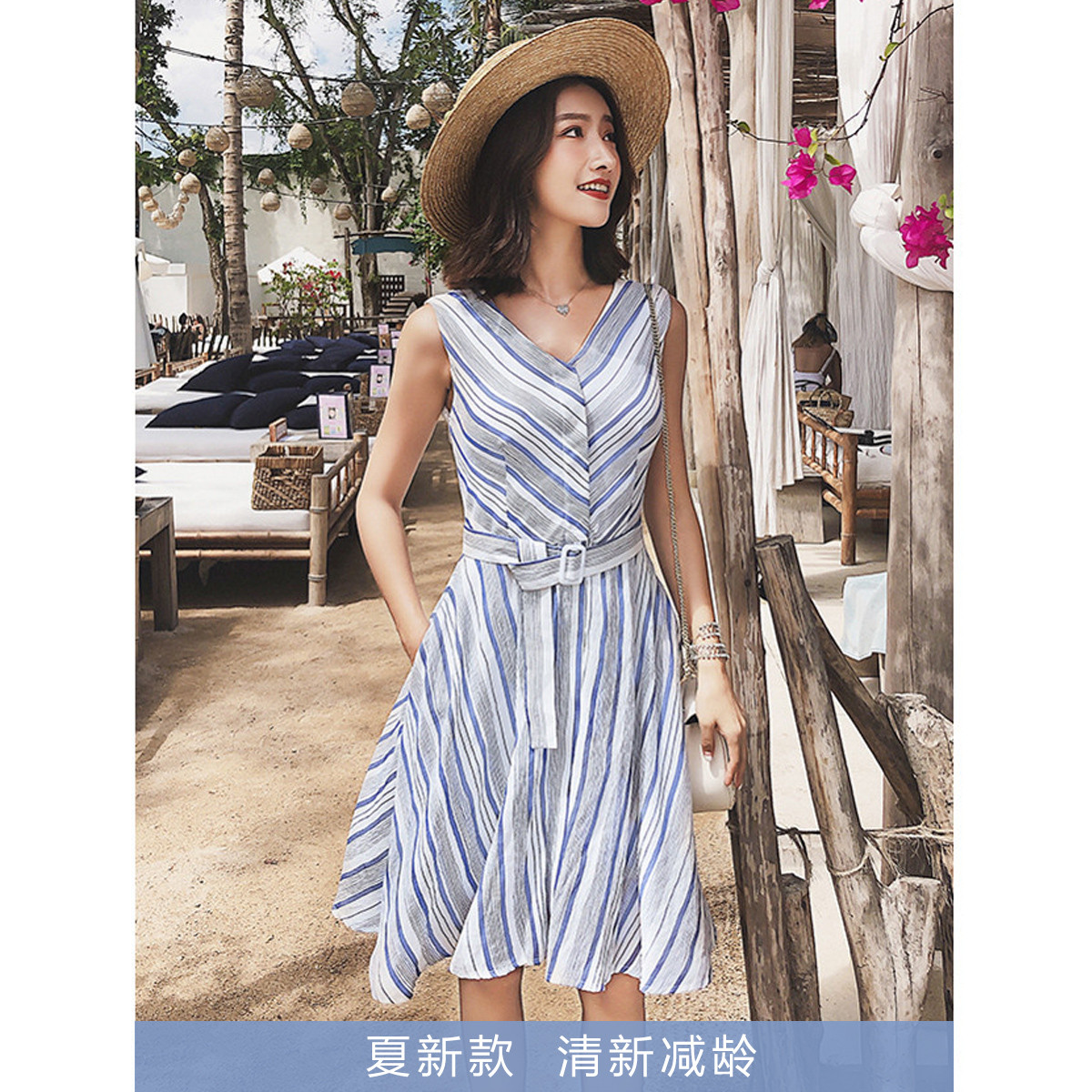 弥古蓝色条纹连衣裙女夏雪纺收腰背心裙海边度假沙滩裙小个子短裙