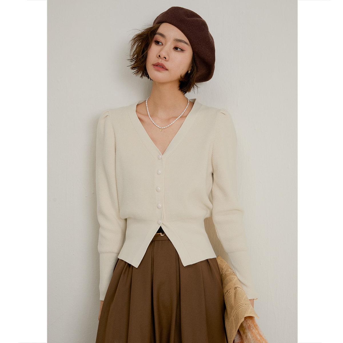 弥古法式v领毛衣针织衫开衫女秋冬收腰复古黑色泡泡袖上衣高级感