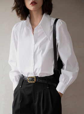 弥古白色尖领衬衫女内搭2025秋冬叠穿长袖法式泡泡袖上衣打底衬衣