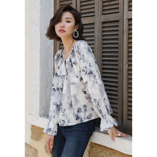 弥古复古水墨泡泡袖内搭衬衣女2025秋冬叠穿长袖雪纺衬衫碎花上衣