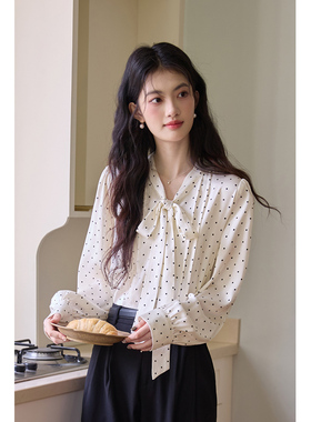 弥古法式波点衬衫女气质蝴蝶结飘带衬衣2025秋冬内搭打底长袖上衣
