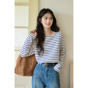 弥古法式一字领条纹长袖正肩纯棉t恤女春季新款宽松打底内搭上衣