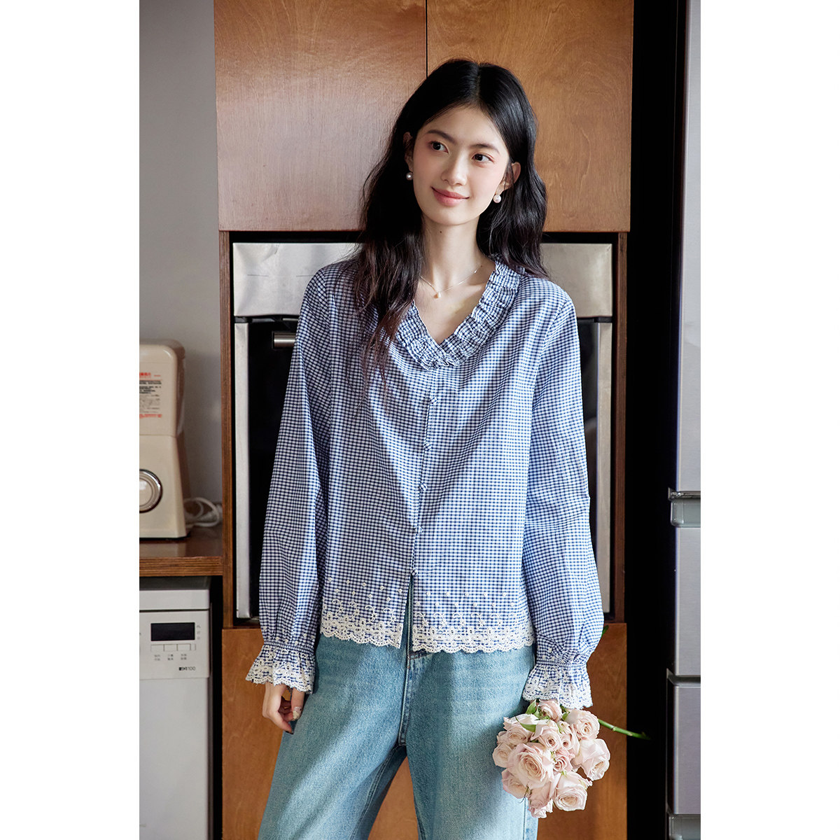 弥古法式蓝色格子内搭衬衫女士2025秋冬高级感刺绣长袖灯笼袖衬衣,女装/女士精品,衬衫,淘宝优惠券,粉丝福利购,淘宝优惠卷