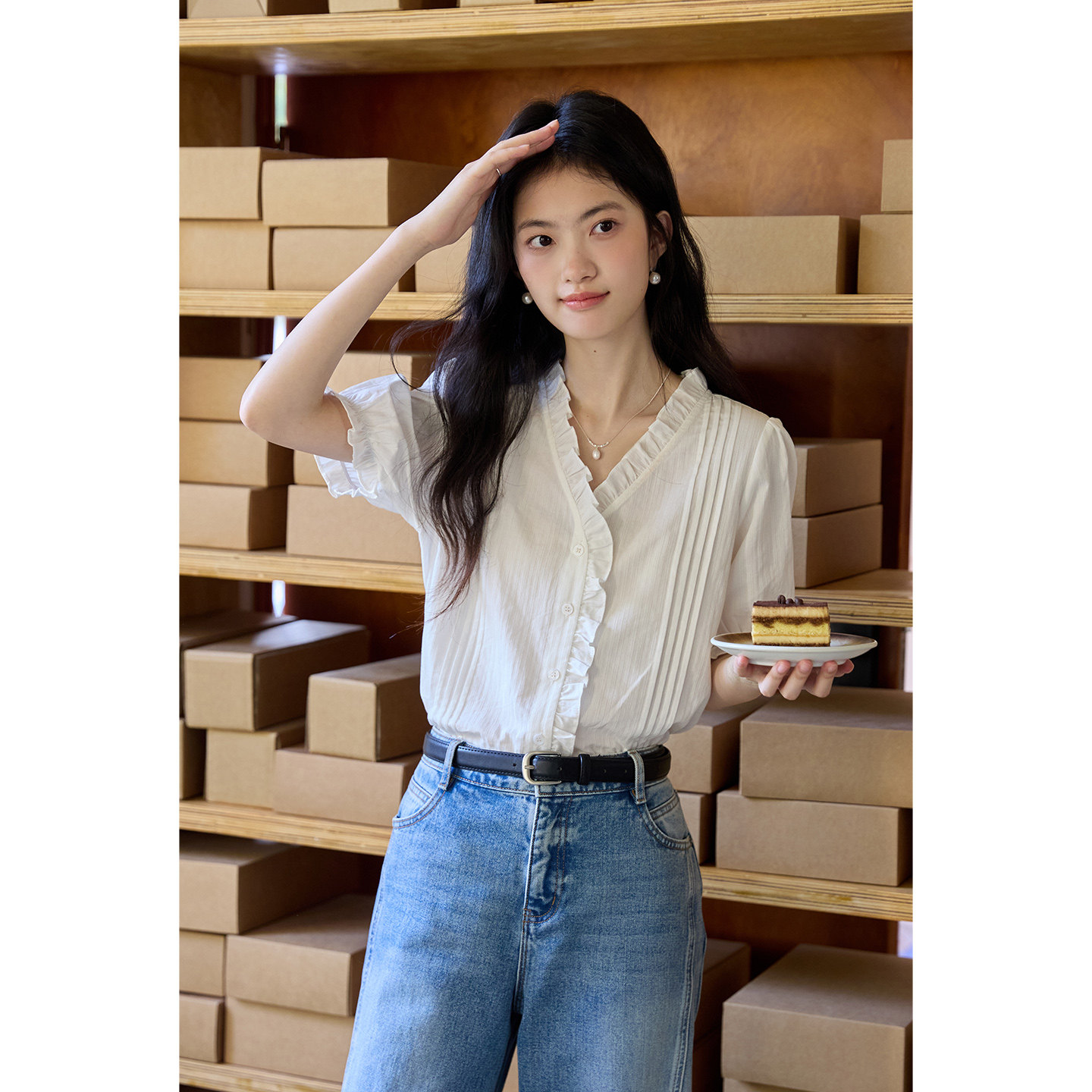 弥古法式白色木耳边娃娃衬衫女高级感2026夏季设计感短袖纯棉衬衣