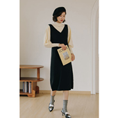 弥古黑色v领背心裙秋冬内搭吊带针织连衣裙打底裙子女法式 马甲裙