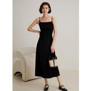 弥古黑色吊带针织连衣裙修身女夏季内搭打底小黑裙赫本风收腰长裙