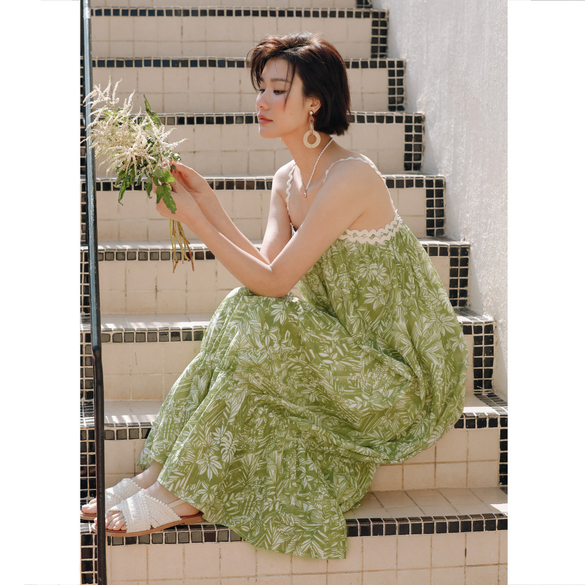 法式绿色碎花吊带裙女