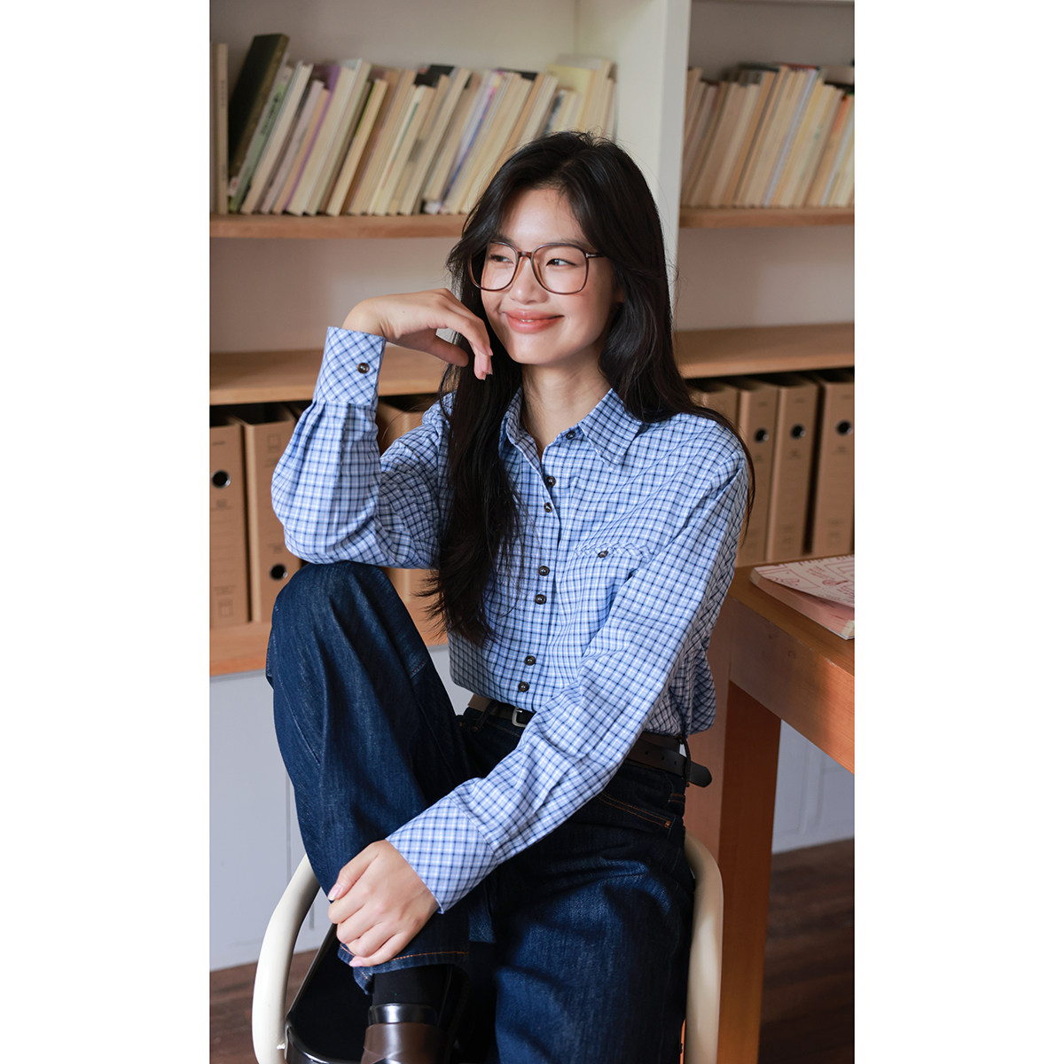 弥古蓝色格子长袖纯棉衬衫女春季气质内搭上衣高级感法式打底衬衣