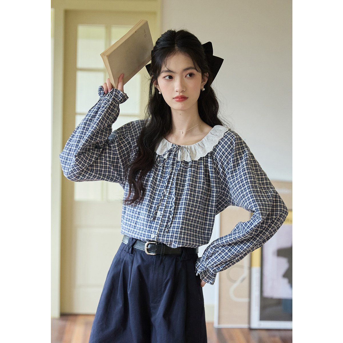 弥古法式格子娃娃领内搭衬衫上衣女长袖春季娃娃衫泡泡袖打底衬衣