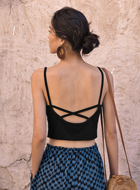 弥古黑色美背背心女内搭带胸垫一体春秋短款无袖打底抹胸吊带上衣